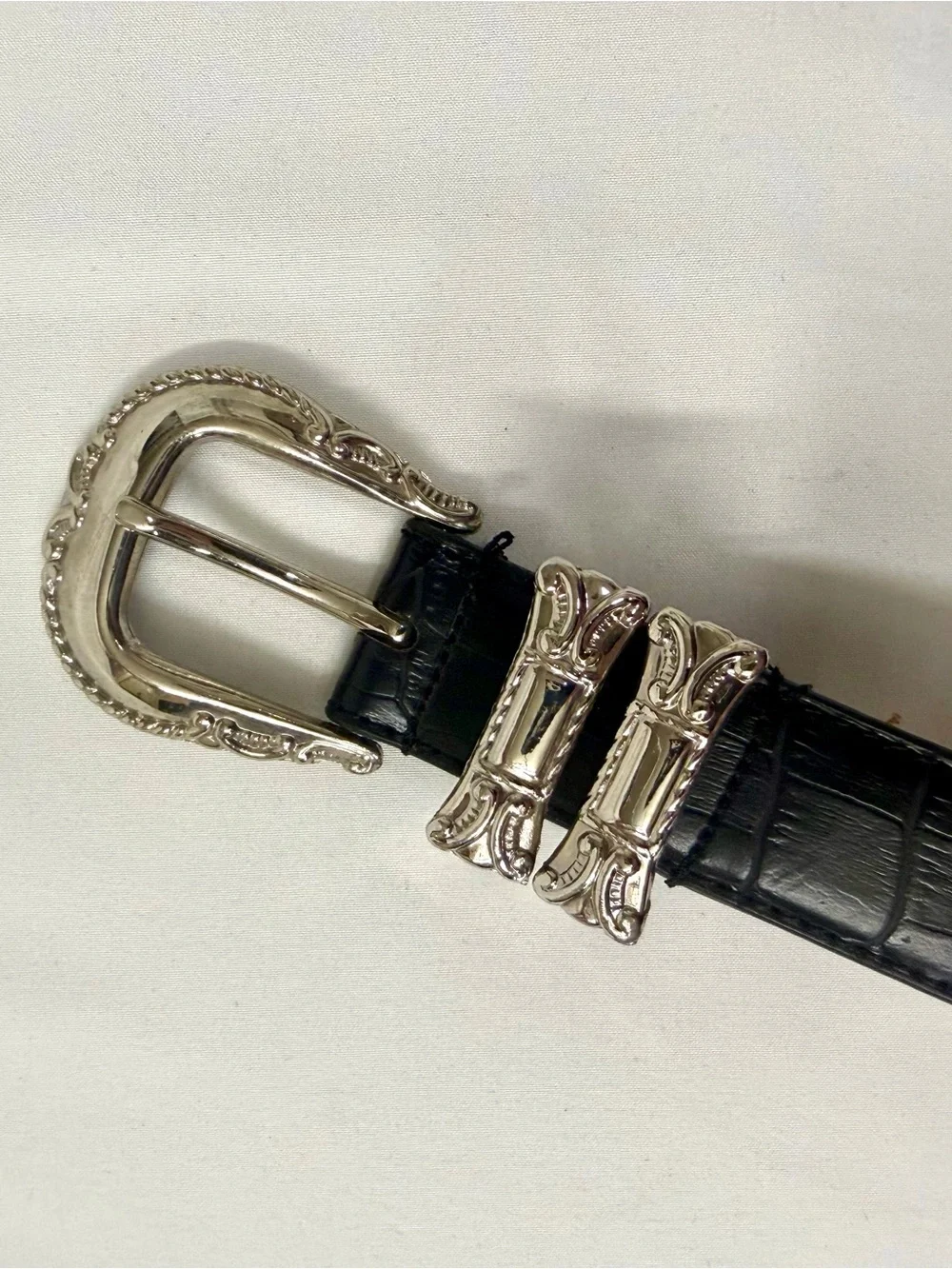 Black Croc Embossed Western Belt with Silver Conchos & Ornate Buckle